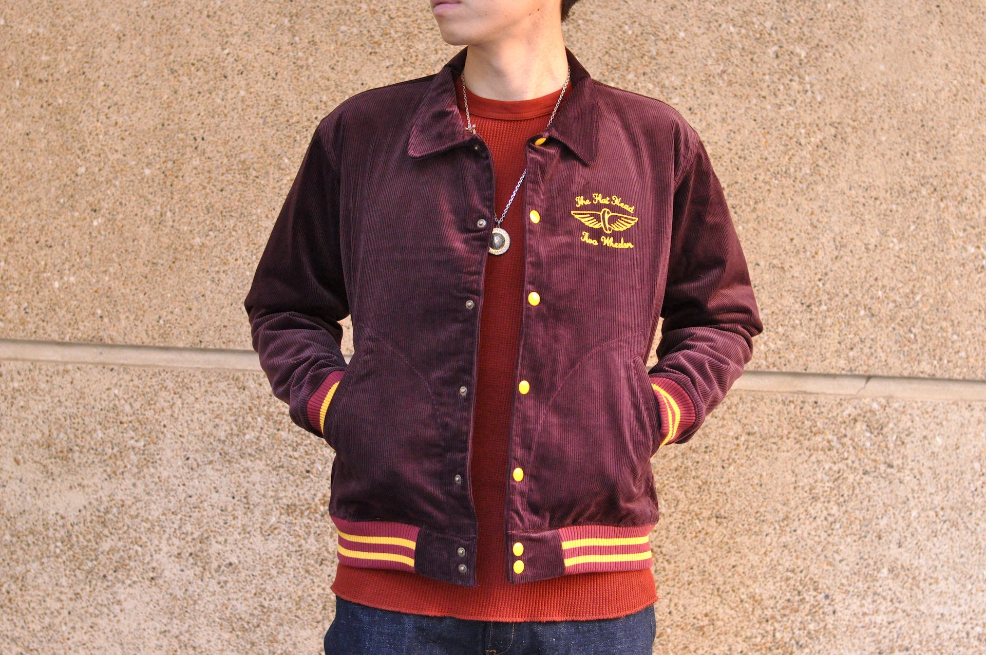 The Flat Head Heavyweight Corduroy Varsity Jacket (Burgundy)