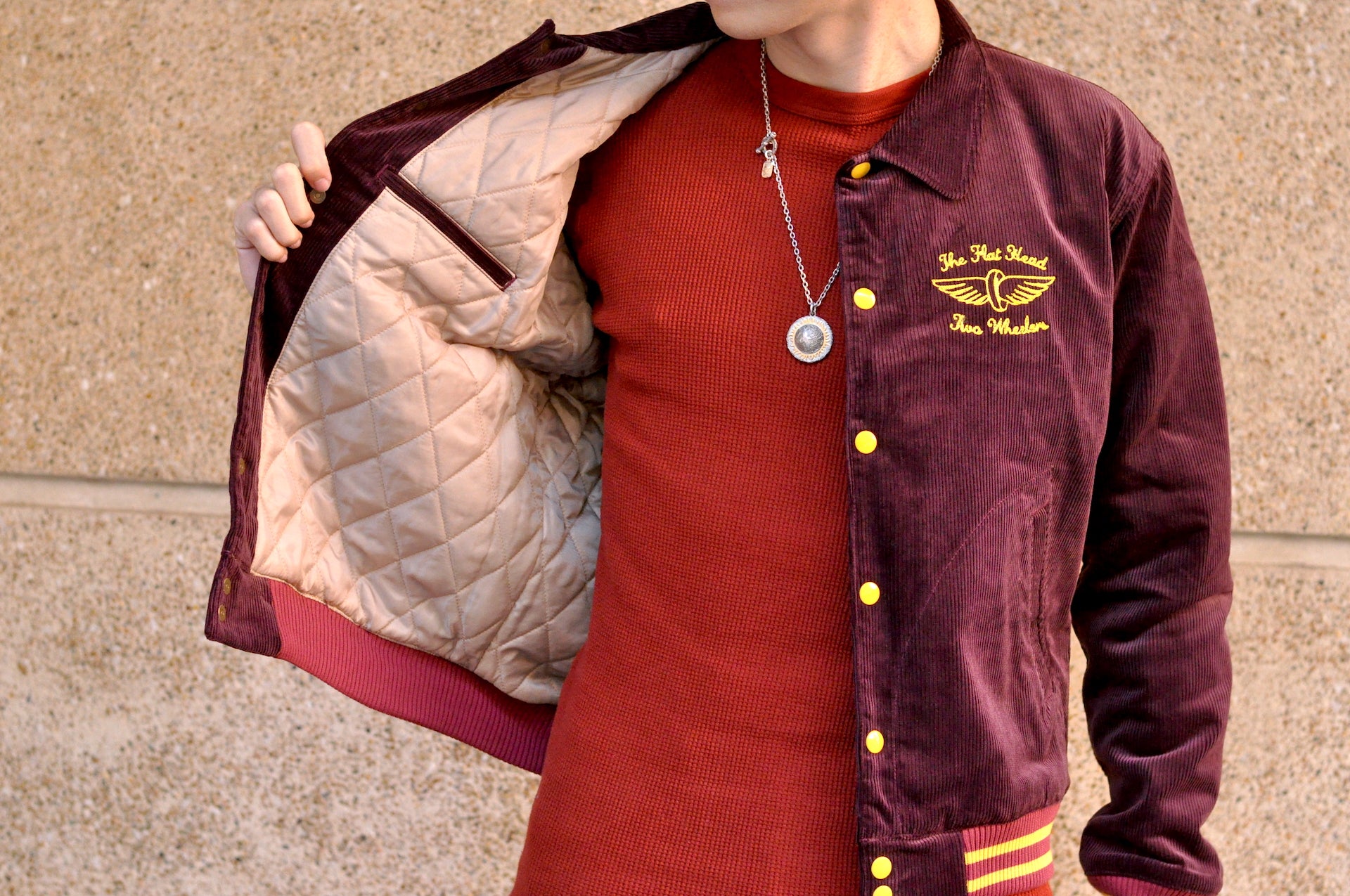 The Flat Head Heavyweight Corduroy Varsity Jacket (Burgundy)