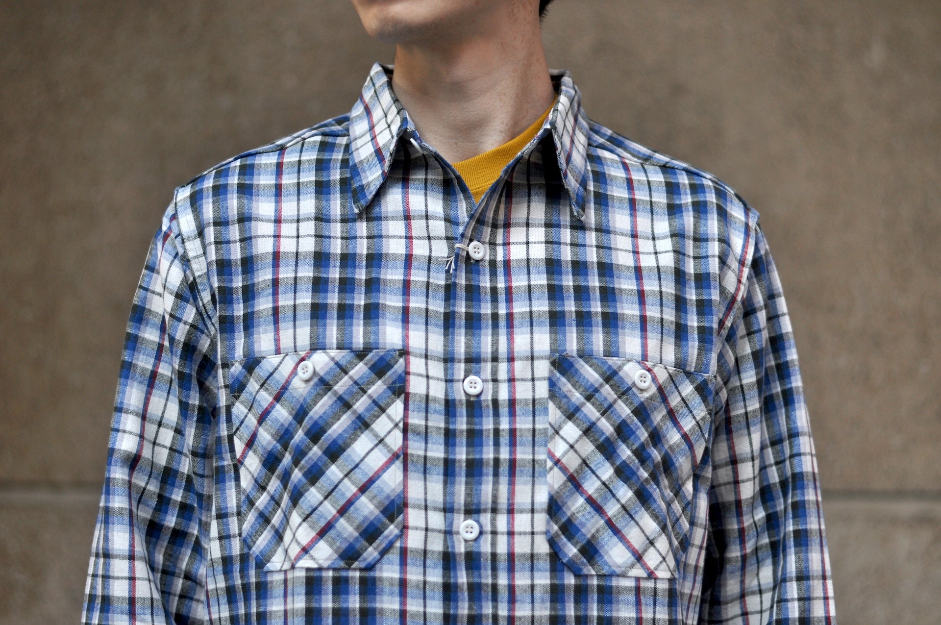 Warehouse 8oz Selvage Cotton/Linen Selvage Plaid L/S Work Shirt (Smoky Blue)