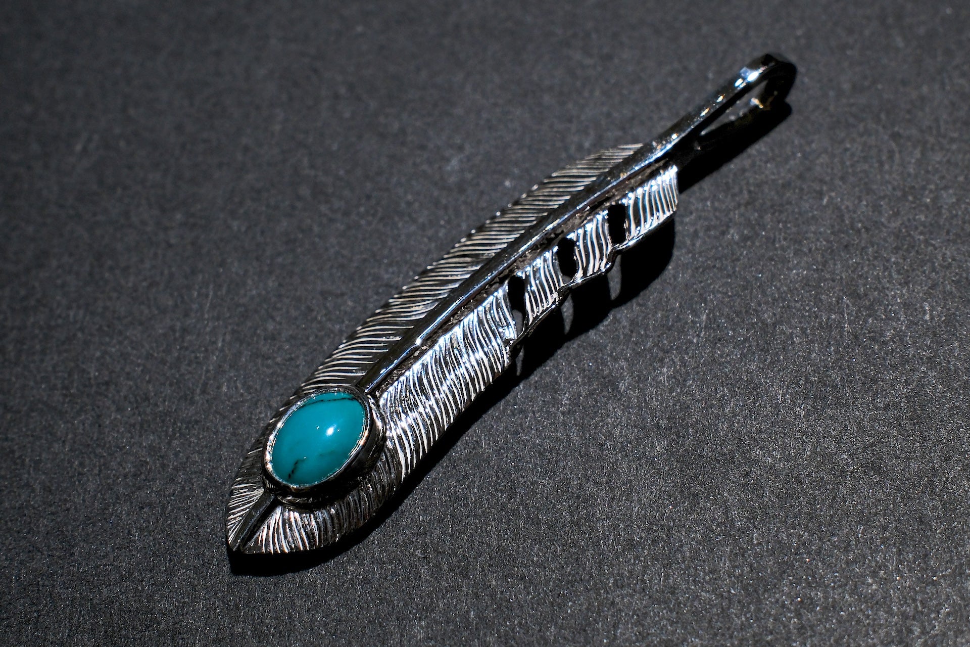 First Arrow's "Medium Feather With Turquoise" Pendant (P-521-TUR)