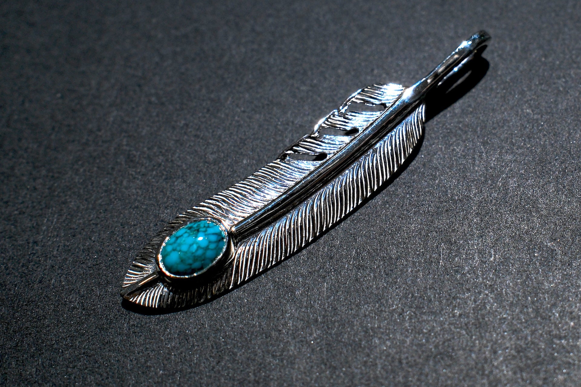 First Arrow's "Medium Feather With Turquoise" Pendant (P-521-TUR)