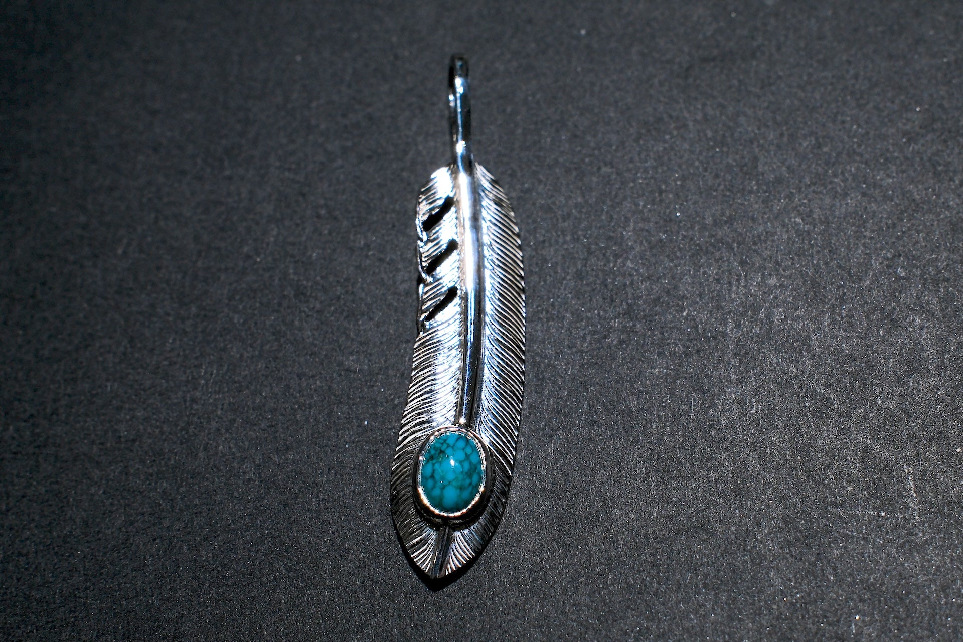 First Arrow's "Medium Feather With Turquoise" Pendant (P-521-TUR)