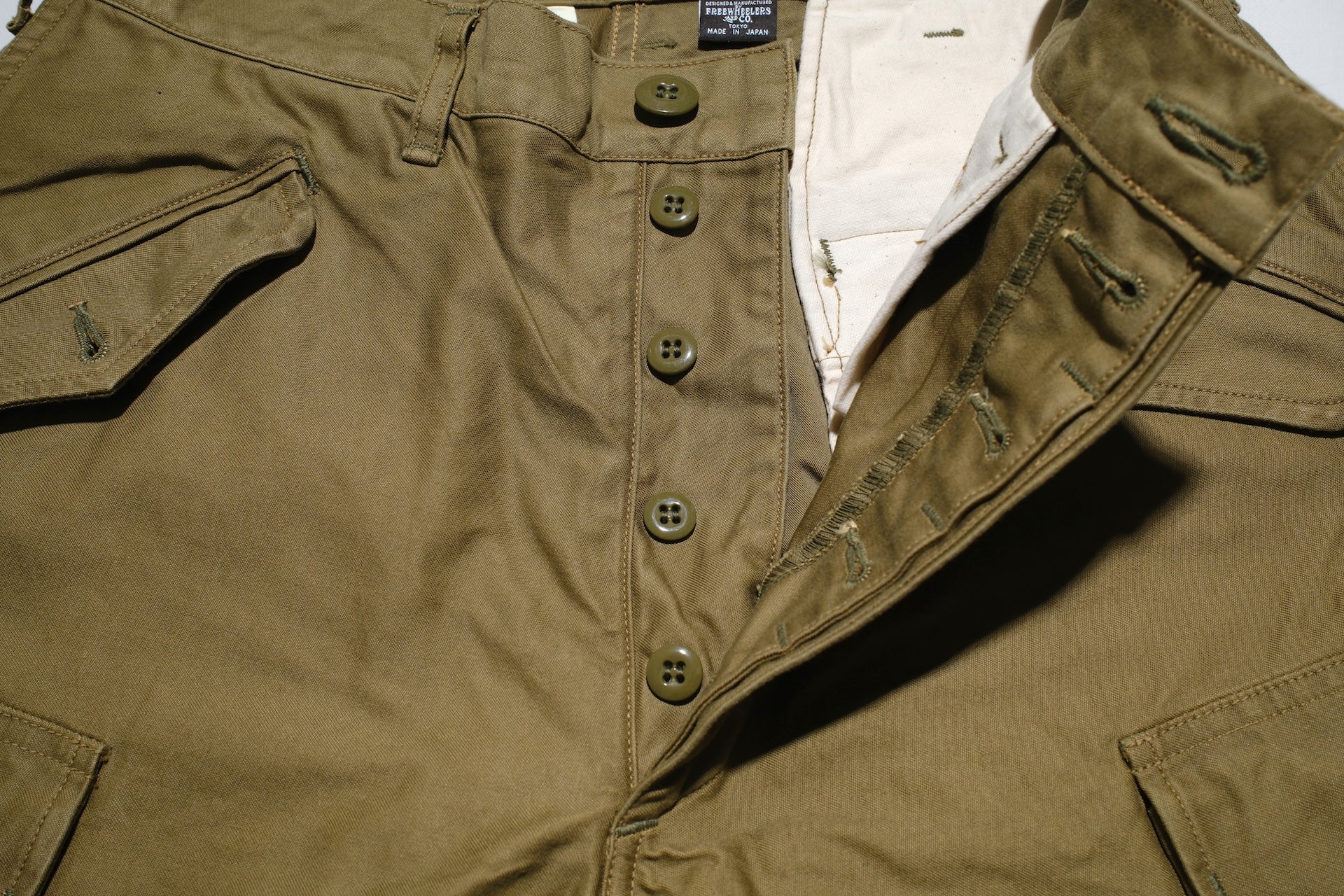 Freewheelers Back Satin "Jungle Fatiques" Tropical Trousers (Olive)