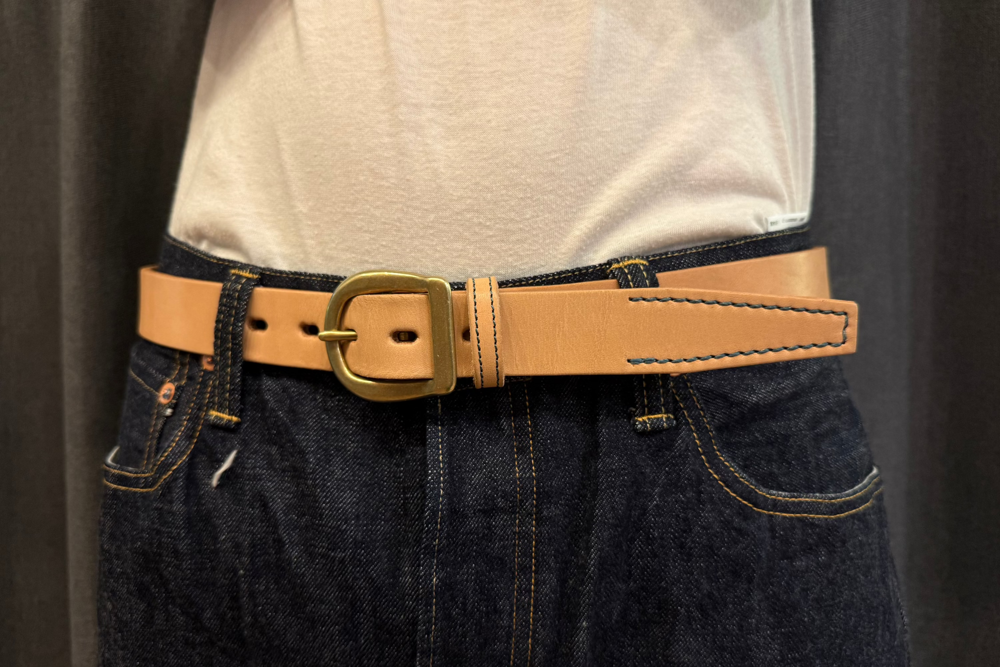 Omoto Denim “Tail Feather” Genuine Cowhide Narrow Belt (Natural Tan)