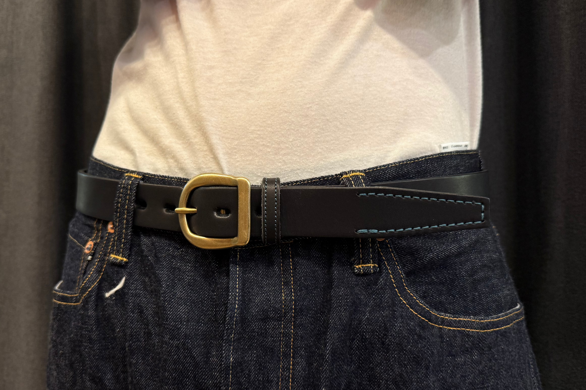 Omoto Denim “Tail Feather” Genuine Cowhide Narrow Belt (Solid Black)