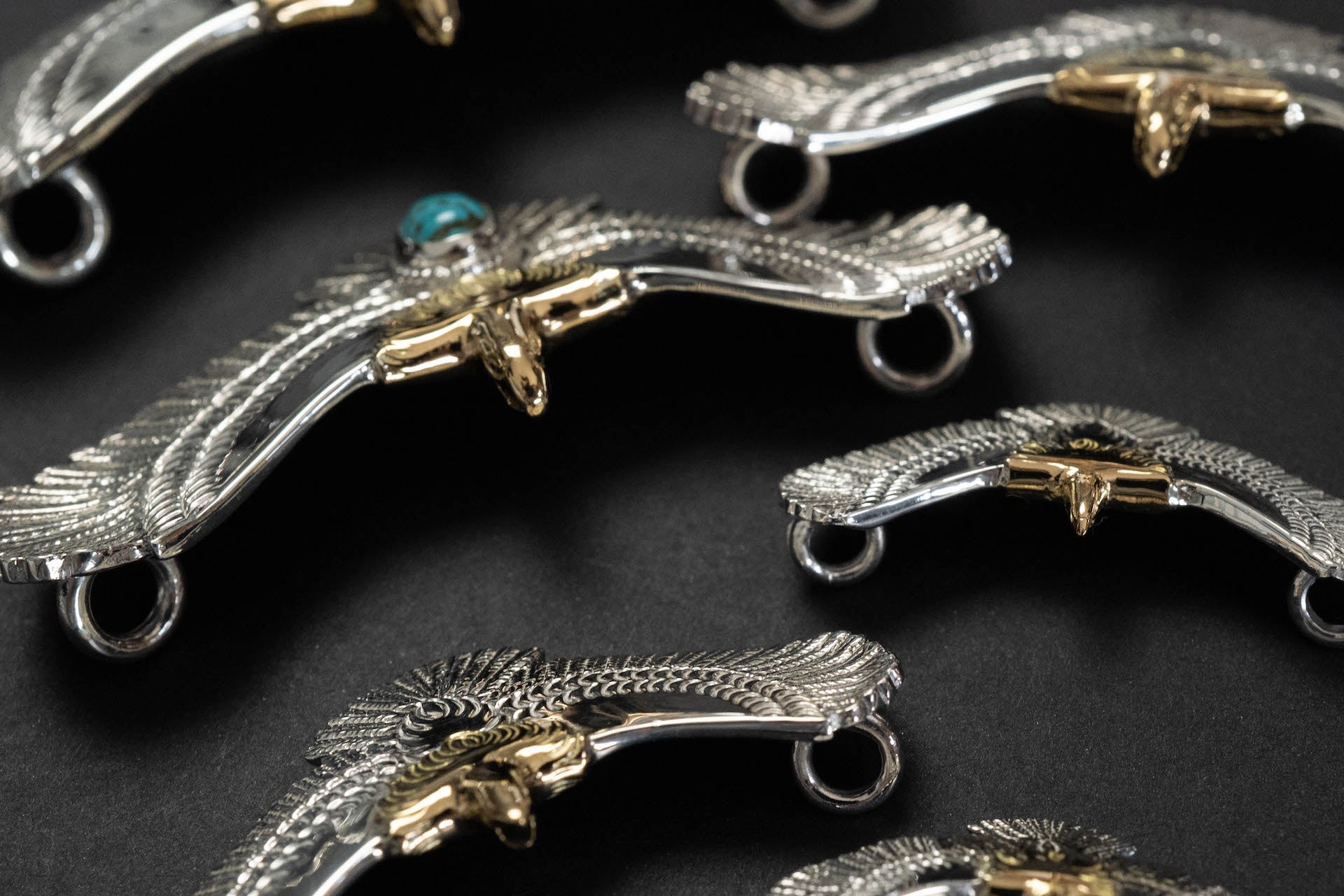 First Arrow's Medium Eagle Pendants with Natural Turquoise & 18K Gold Head & Heart (P-510)