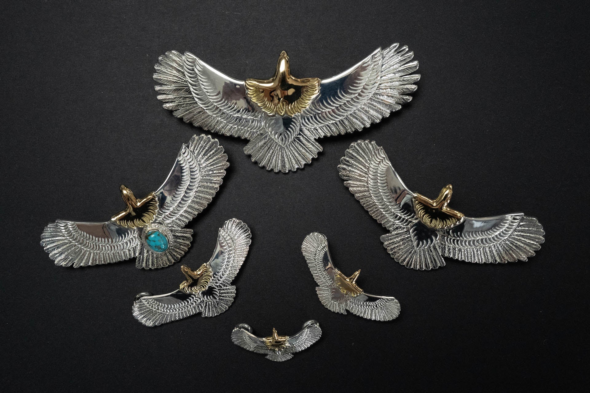 First Arrow's Small Eagle Pendants with 18K Gold Head & Heart (P-513)