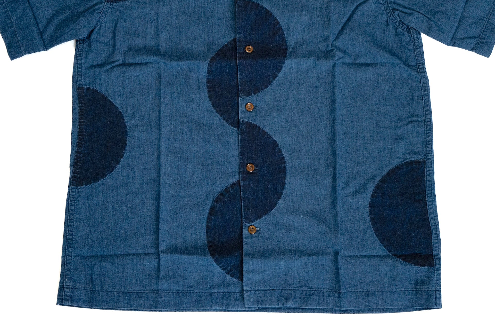 Maru Sankaku Peke by SDA Indigo “Rising Sun” S/S Open Collar Shirt