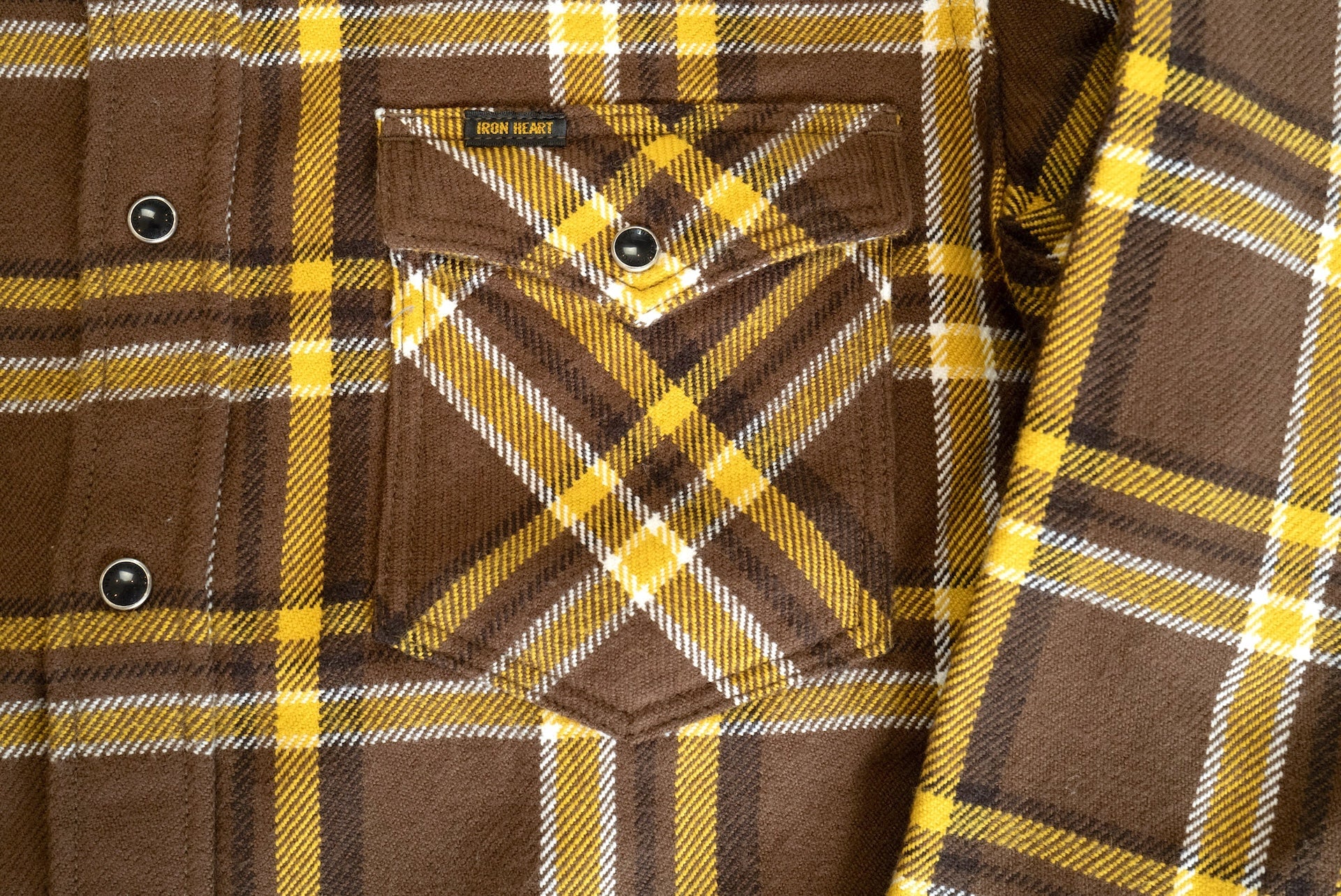 Iron Heart Ultra-Heavy Flannel Crazy Check Western Shirt (Mustard Brown)