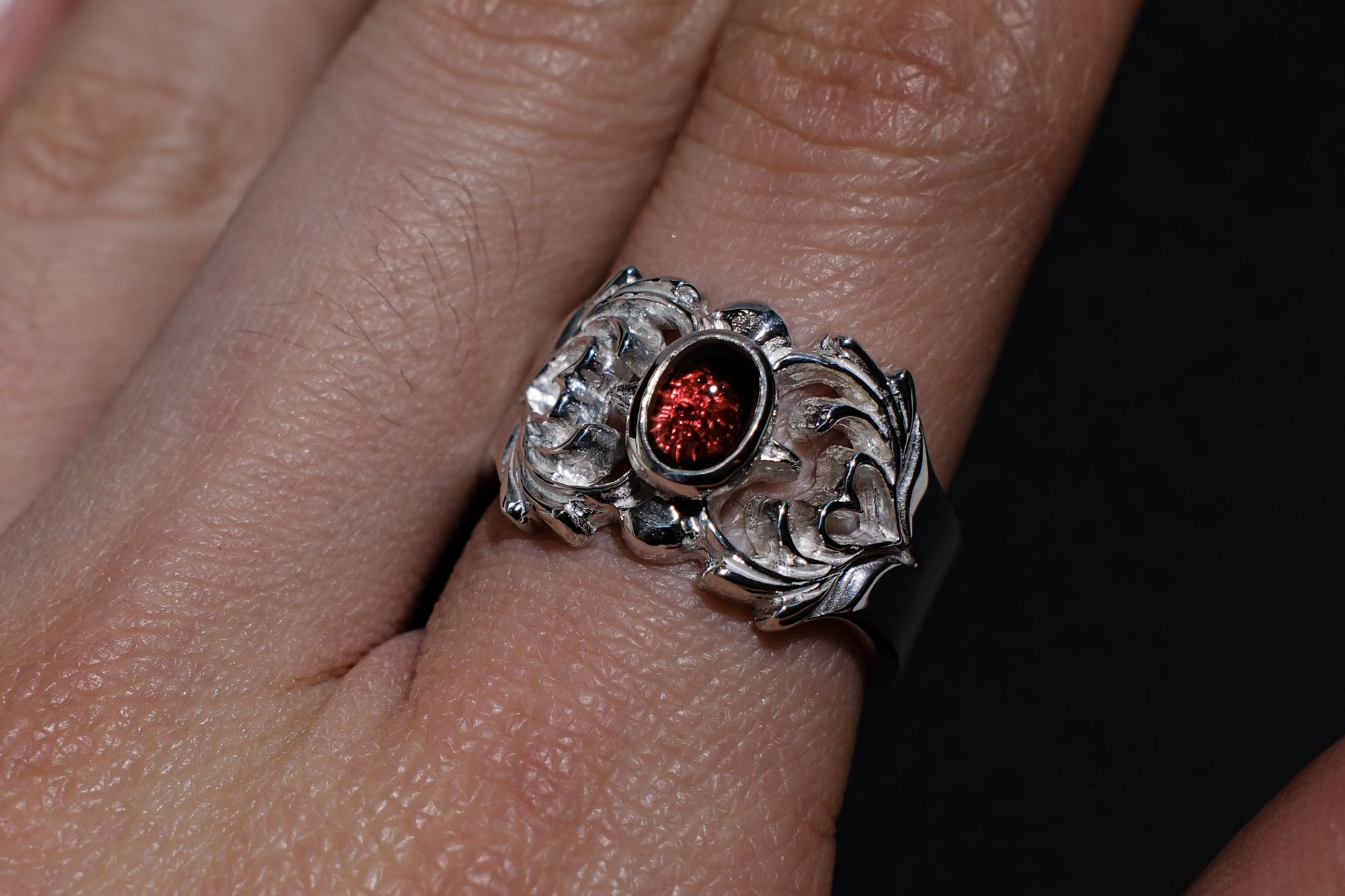 Legend Size Small "Aligned Hearts" Ring With Red Garnet