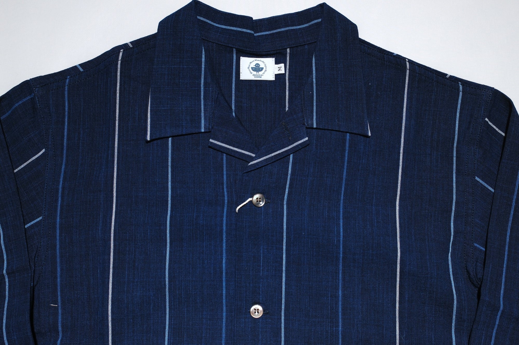 Omoto Denim 8oz Natural Indigo Dyed “Matsusaka-Jima” Open Collar Shirt