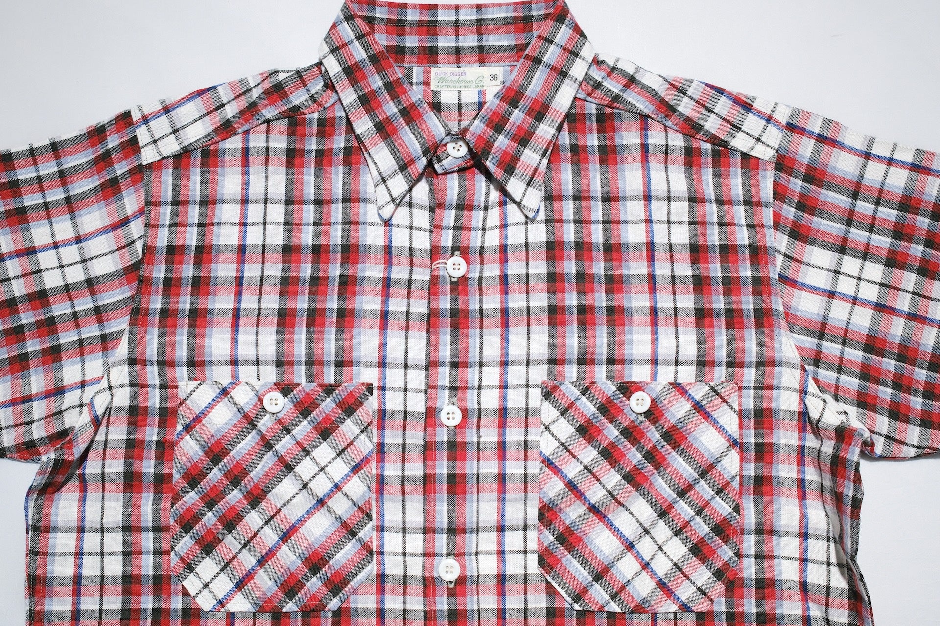 Warehouse 8oz Selvage Cotton/Linen Selvage Plaid S/S Work Shirt (Pinky Red)