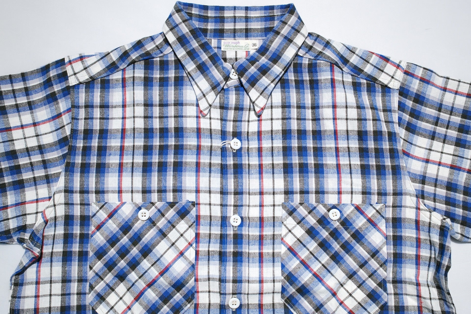 Warehouse 8oz Selvage Cotton/Linen Selvage Plaid S/S Work Shirt (Smoky Blue)