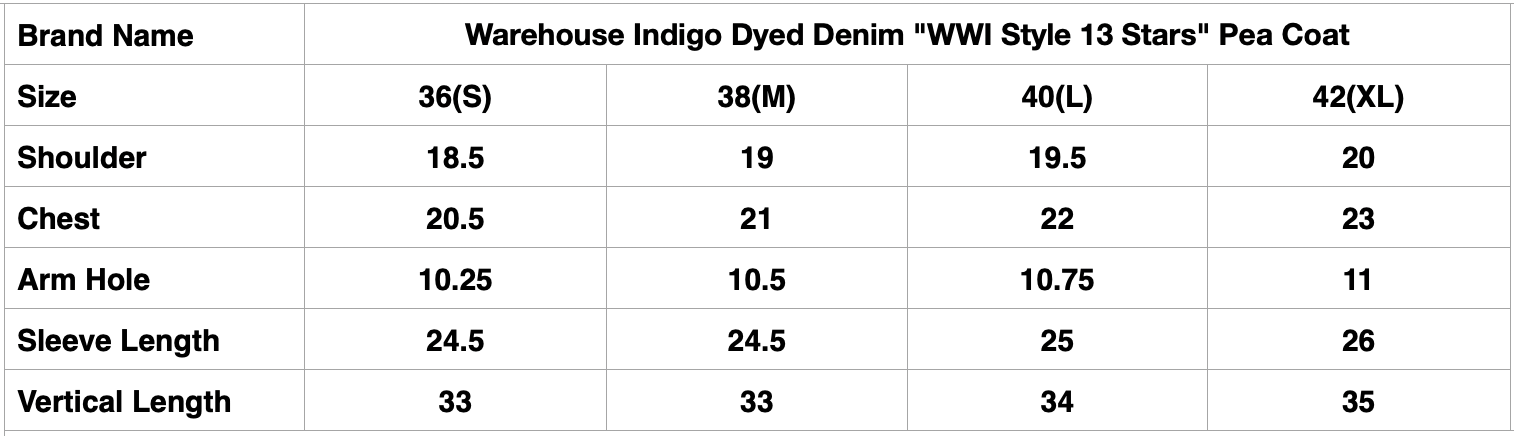 Warehouse Indigo Dyed Denim "WWI Style 13 Stars" Pea Coat