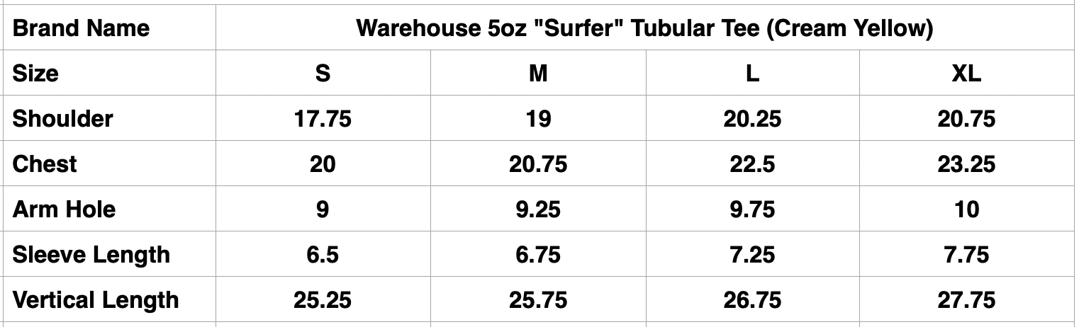 Warehouse 5oz "Surfer" Tubular Tee (Cream Yellow)