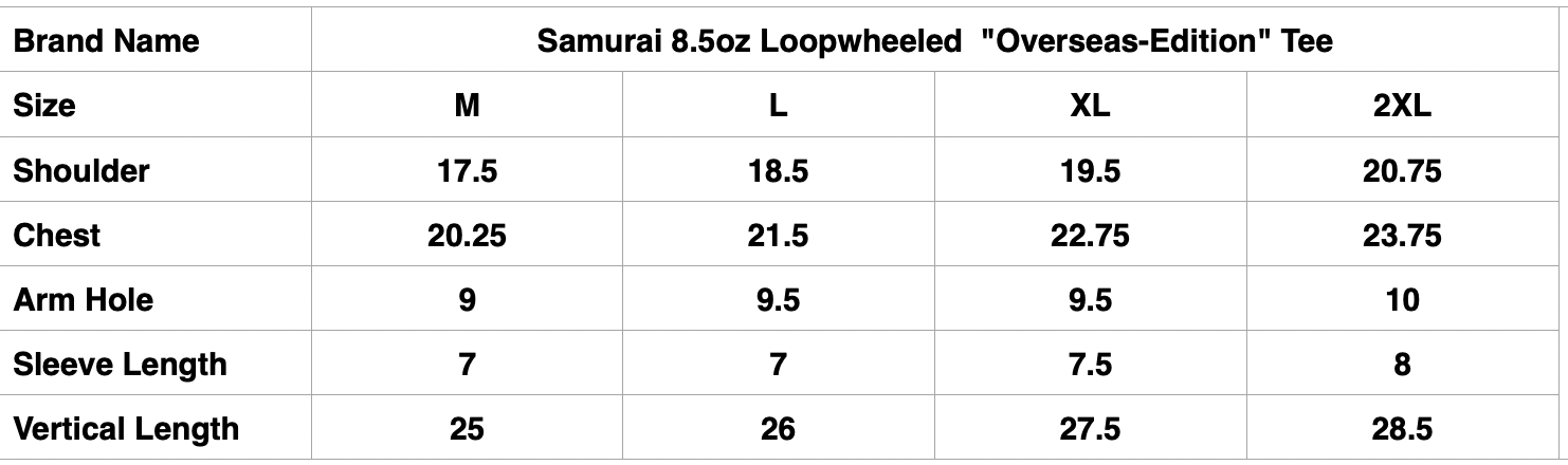 Samurai 8.5oz Loopwheeled  "Overseas-Edition" Tee (White)