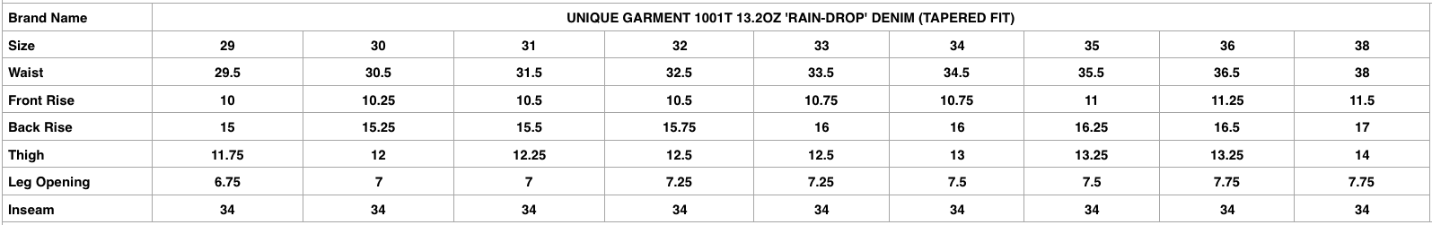 Unique Garment 1001T 13.2oz 'RAIN-DROP' Denim (Tapered Fit)