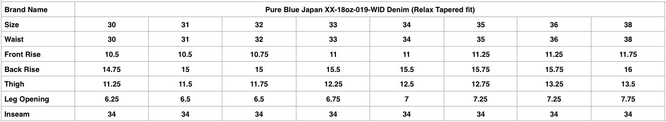 Pure Blue Japan XX-18oz-019-WID Denim (Relax Tapered Fit)