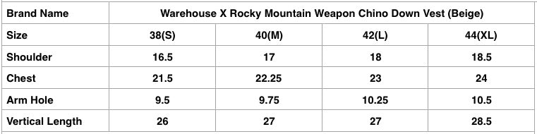 Warehouse X Rocky Mountain Weapon Chino Down Vest (Beige)