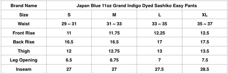 Japan Blue 11oz Grand Indigo Dyed Sashiko Easy Pants