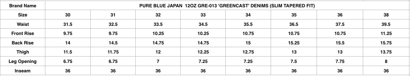 Pure Blue Japan 12oz GRE-013 'Greencast' Denim (Slim Tapered Fit)