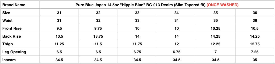 Pure Blue Japan 14.5oz "Hippie Blue" BG-013 Denim (Slim Tapered Fit)