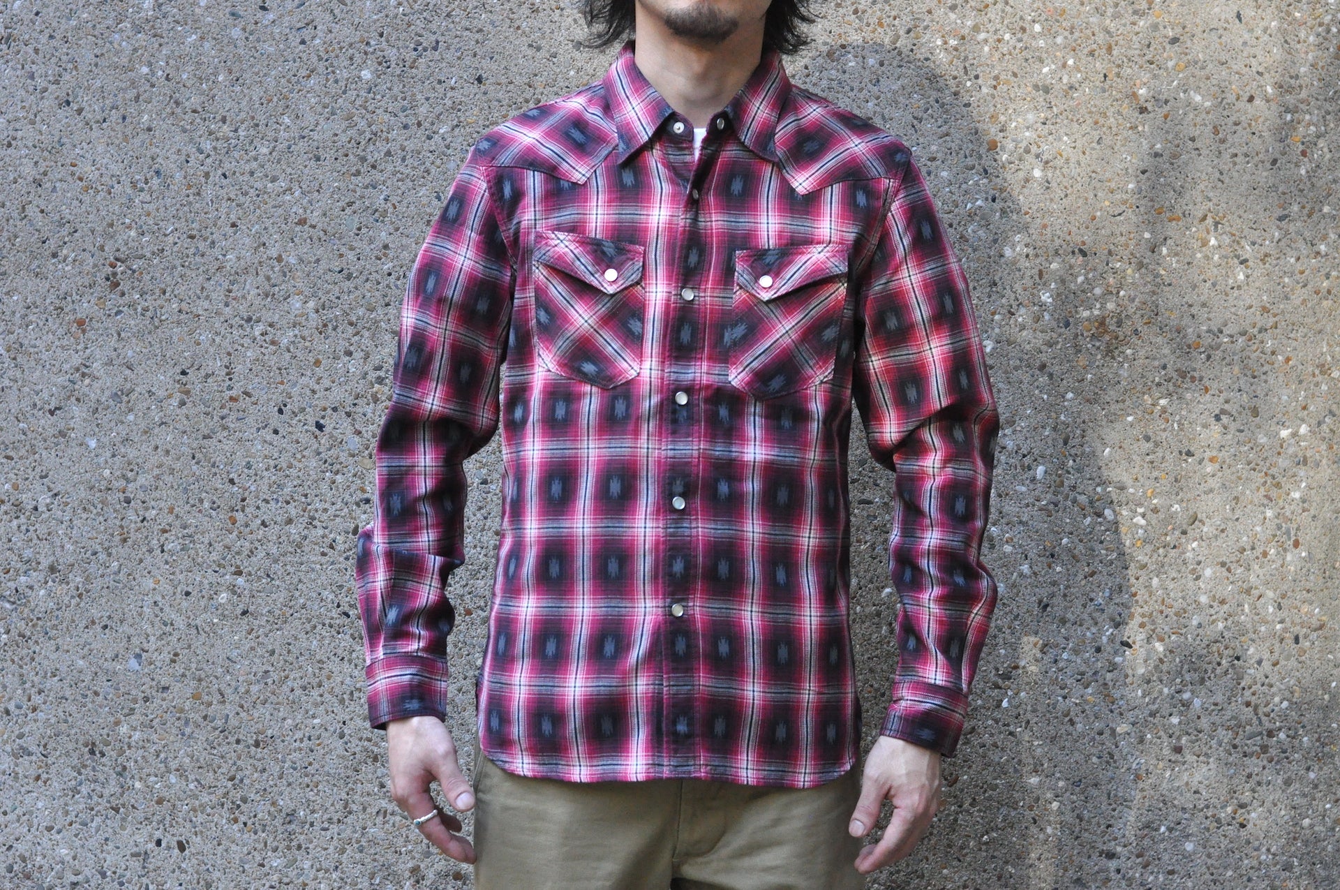 The Flat Head 9oz Native Ombre Check Western Shirt (Red) - CORLECTION
