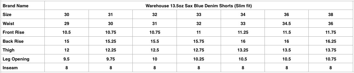 Warehouse 13.5oz Sax Blue Denim Shorts (Slim fit)
