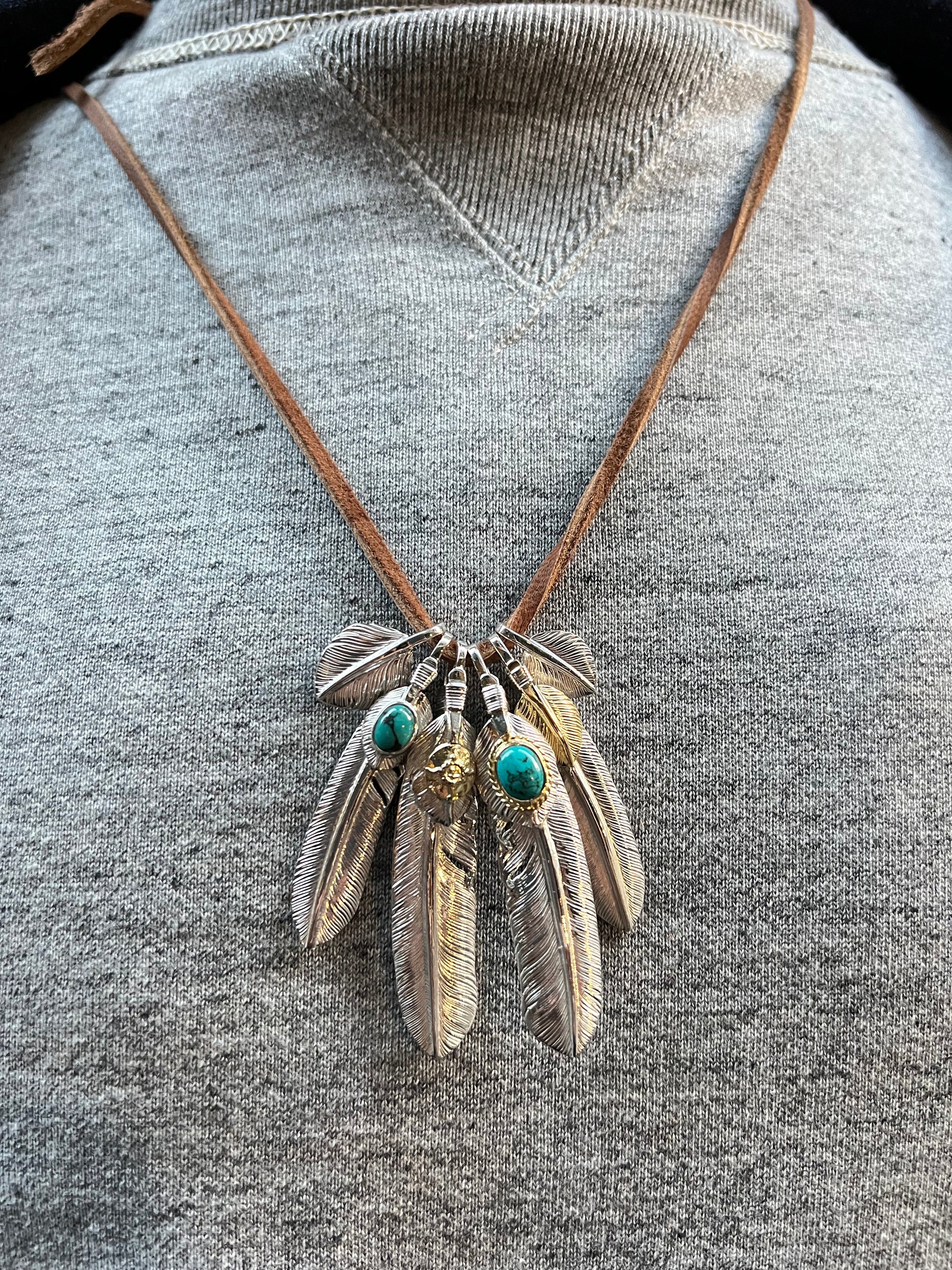 First Arrow's Medium Silver Heart-Feather Pendant With Turquoise (P-516)