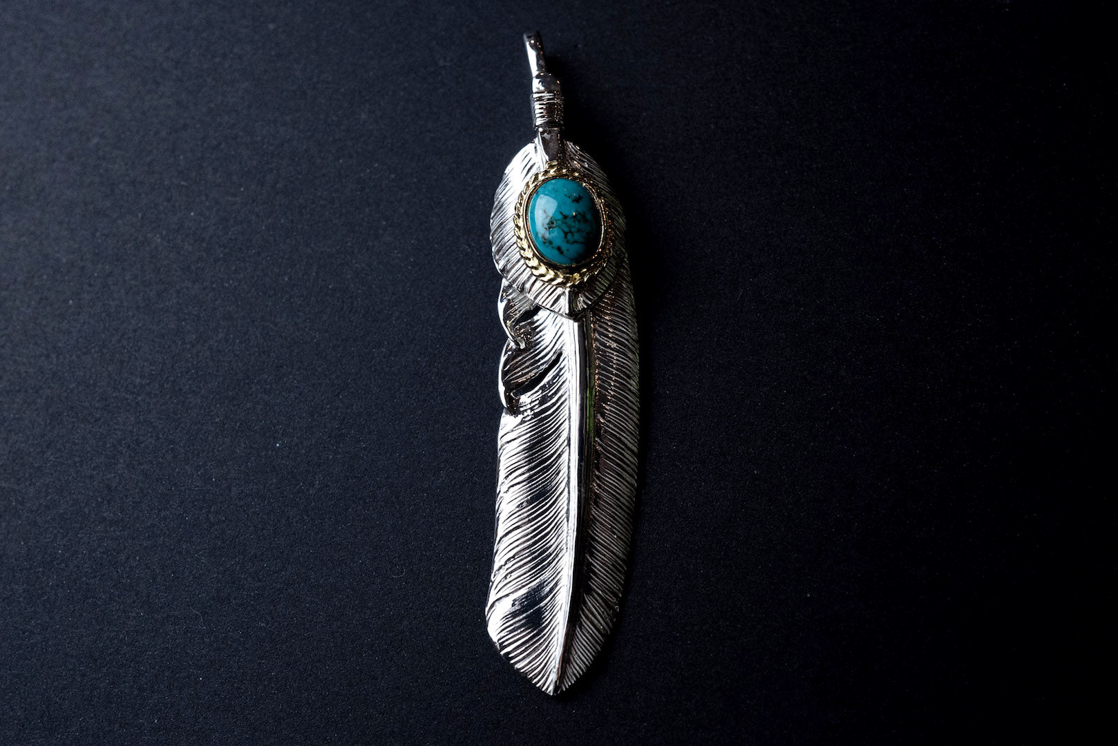 First Arrow's Large Silver Feather Pendant With Turquoise & 18K Gold Bezel (P-602)