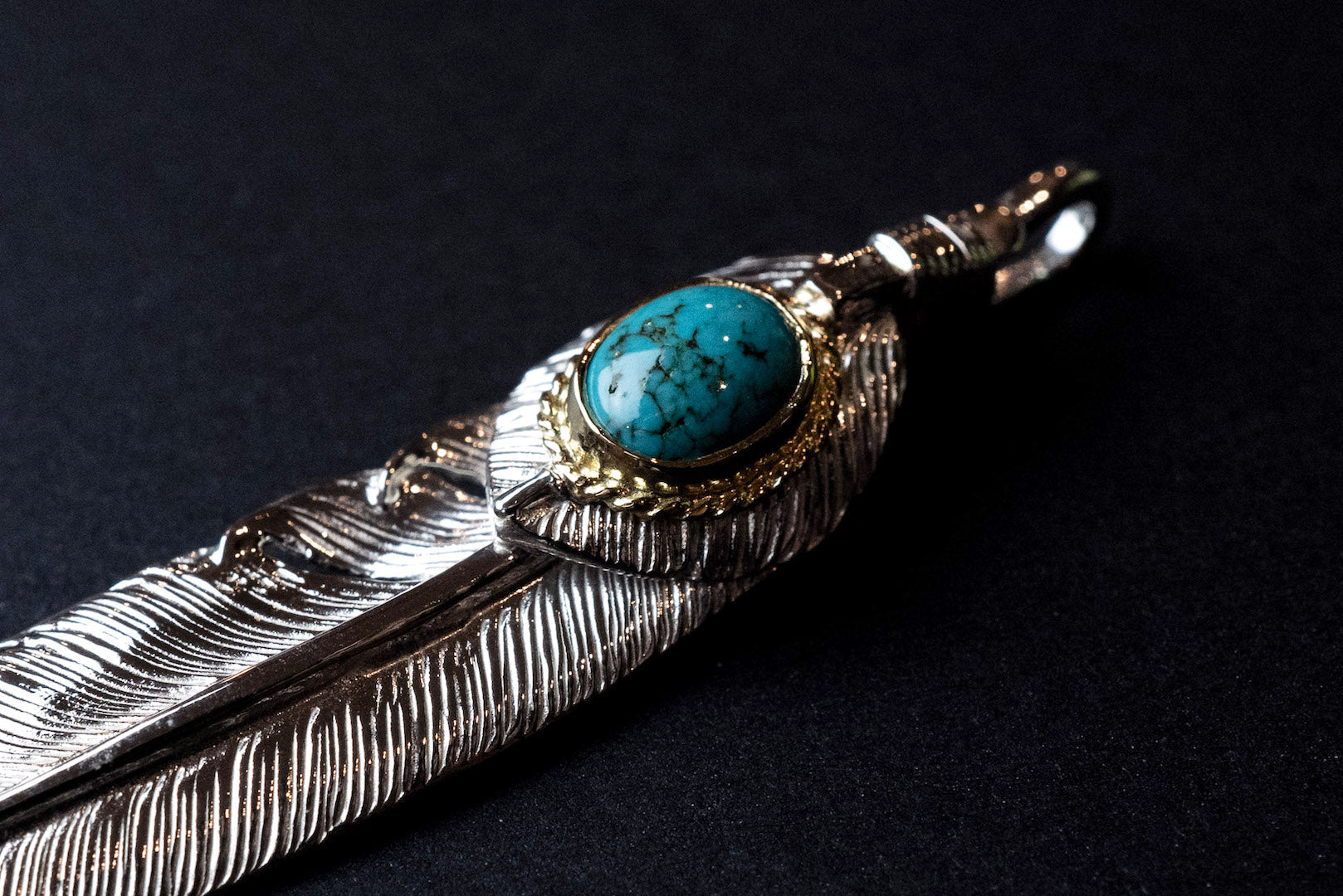 First Arrow's Large Silver Feather Pendant With Turquoise & 18K Gold Bezel (P-602)