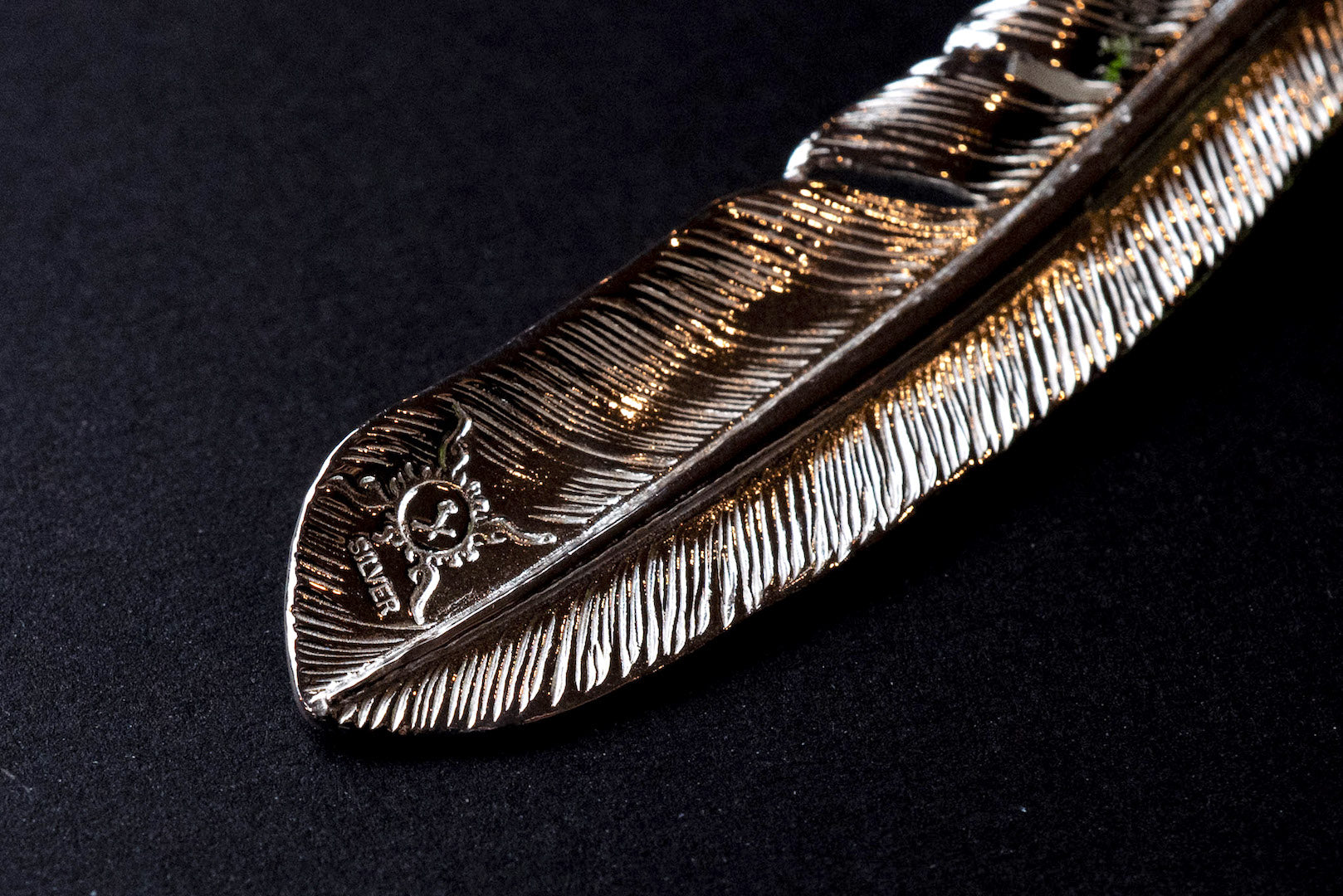 First Arrow's Large Silver Heart-Feather Pendant With 18K Gold Sunburst Emblem (P-705)