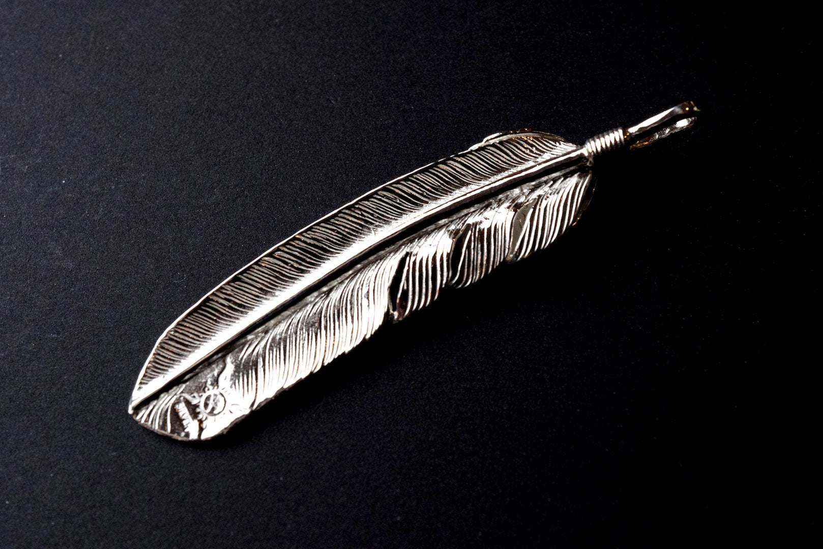 First Arrow's Large Silver Heart-Feather Pendant With 18K Gold Sunburst Emblem (P-705)