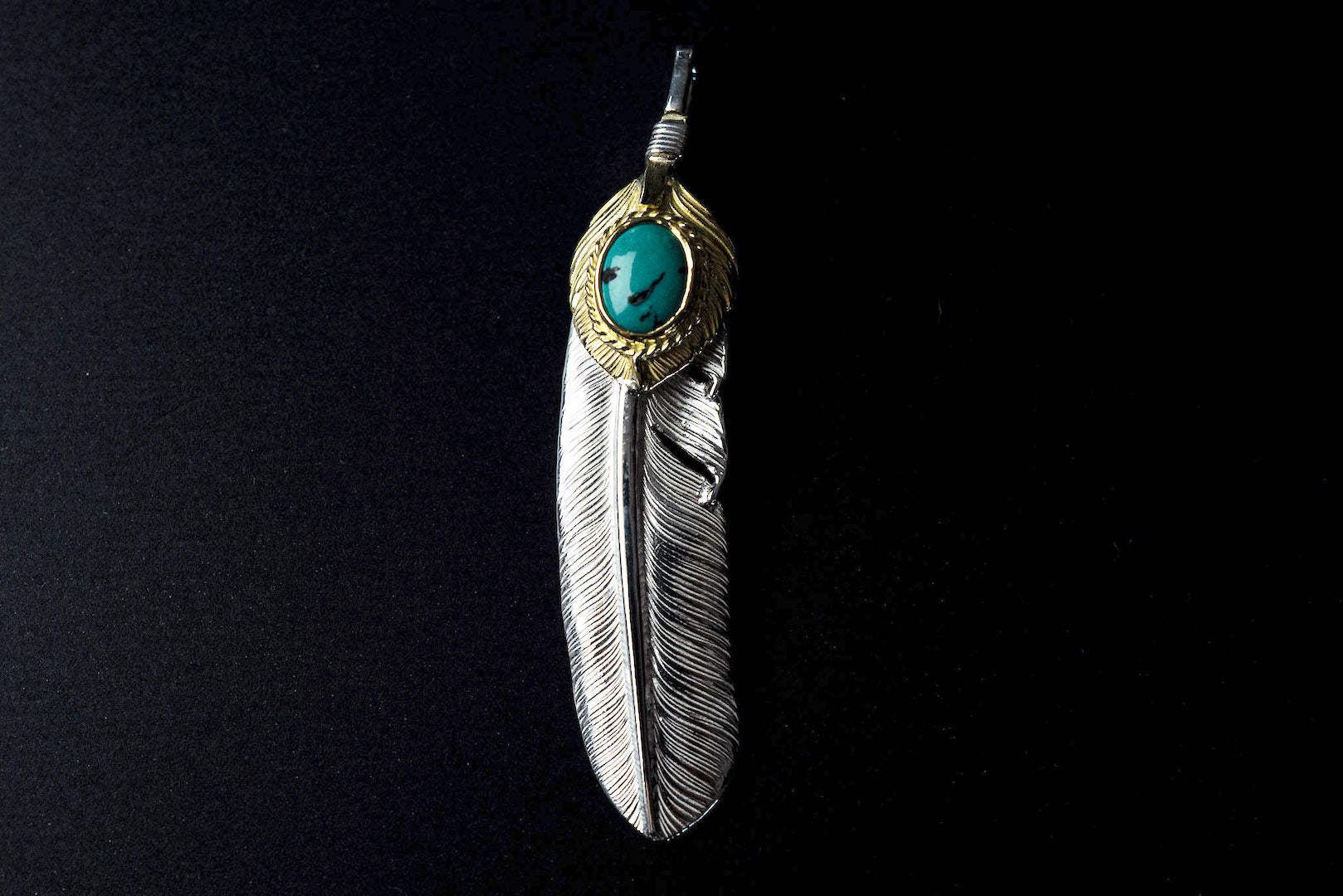 First Arrow's Large Feather Silver Pendant with 18k Heart Feather & Turquoise (P-601)