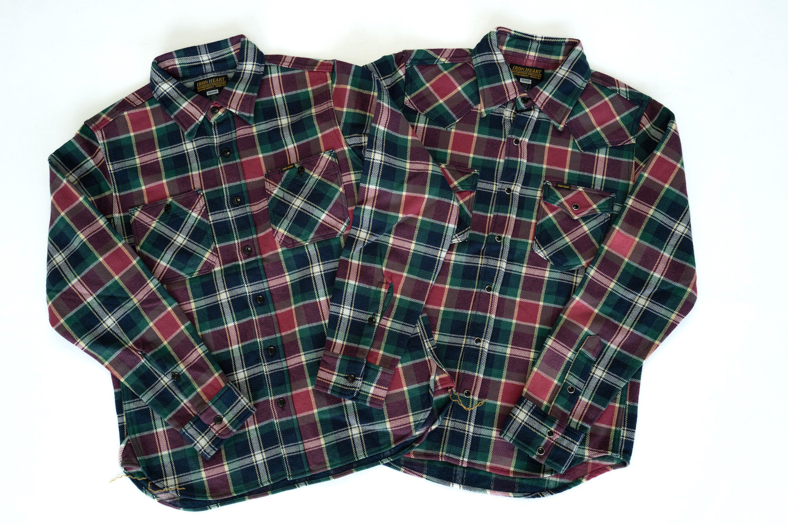 Iron Heart Ultra-Heavy Flannel Crazy Check Work Shirt (Santa Red x Green)