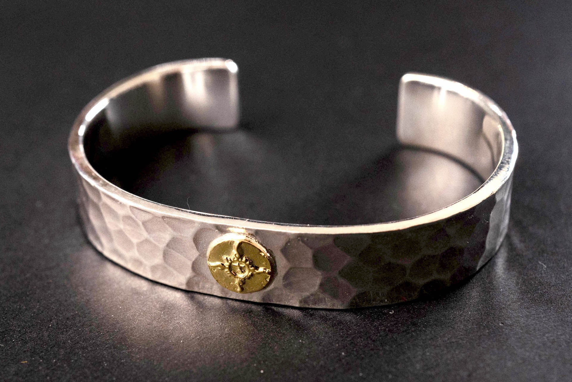 First Arrow's 12mm Silver Hammered Bangle with 18k Gold Emblem (BR-002)