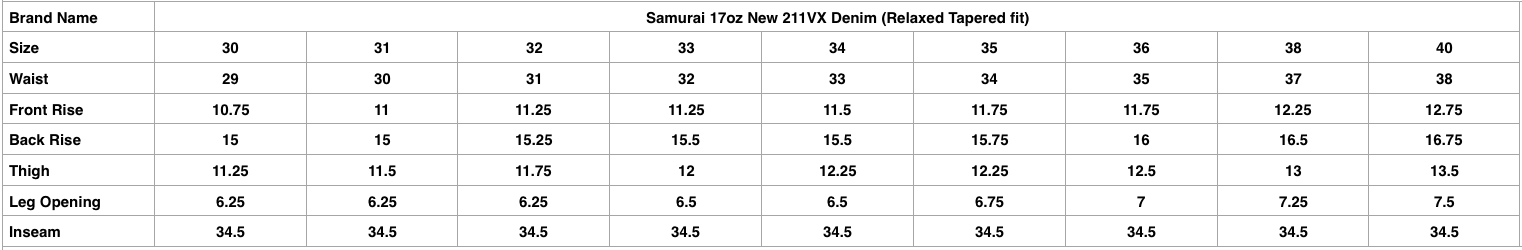 Samurai 17oz New 211VX Denim (Relaxed Tapered Fit)