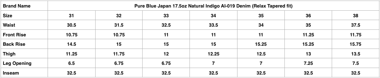 Pure Blue Japan 17.5oz Natural Indigo AI-019 Denim (Relax Tapered Fit)