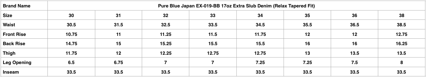 Pure Blue Japan EX-019-BB 17oz Extra Slub Denim (Relax Tapered Fit)